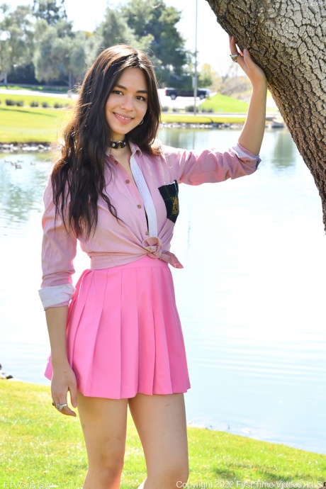 Симпатичная любительница Алексис показывает свою киску на публике во время действия без трусиков и верхней юбки 1